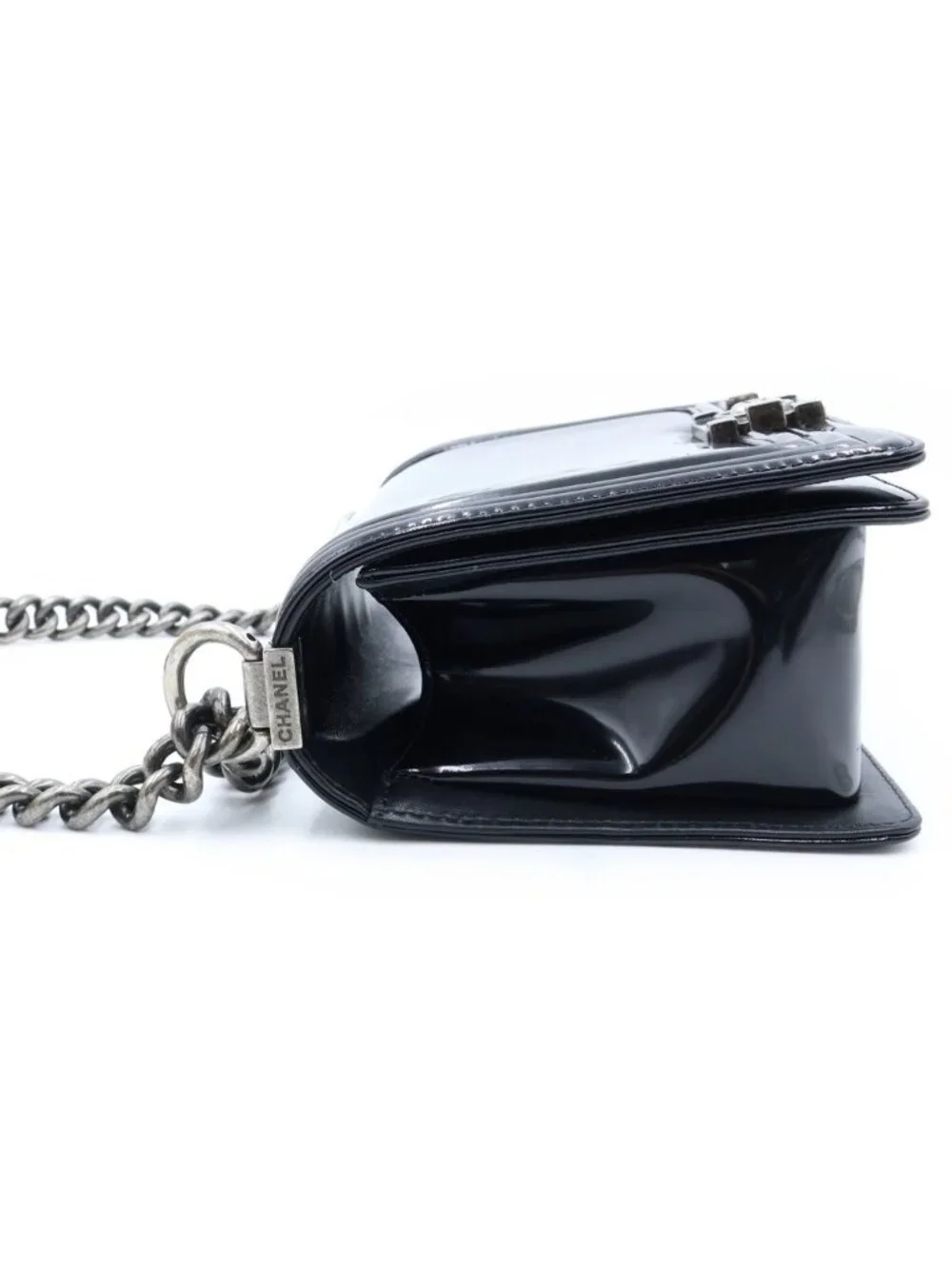 Chanel Boy Shoulder Bag Patent Leather Black Silver